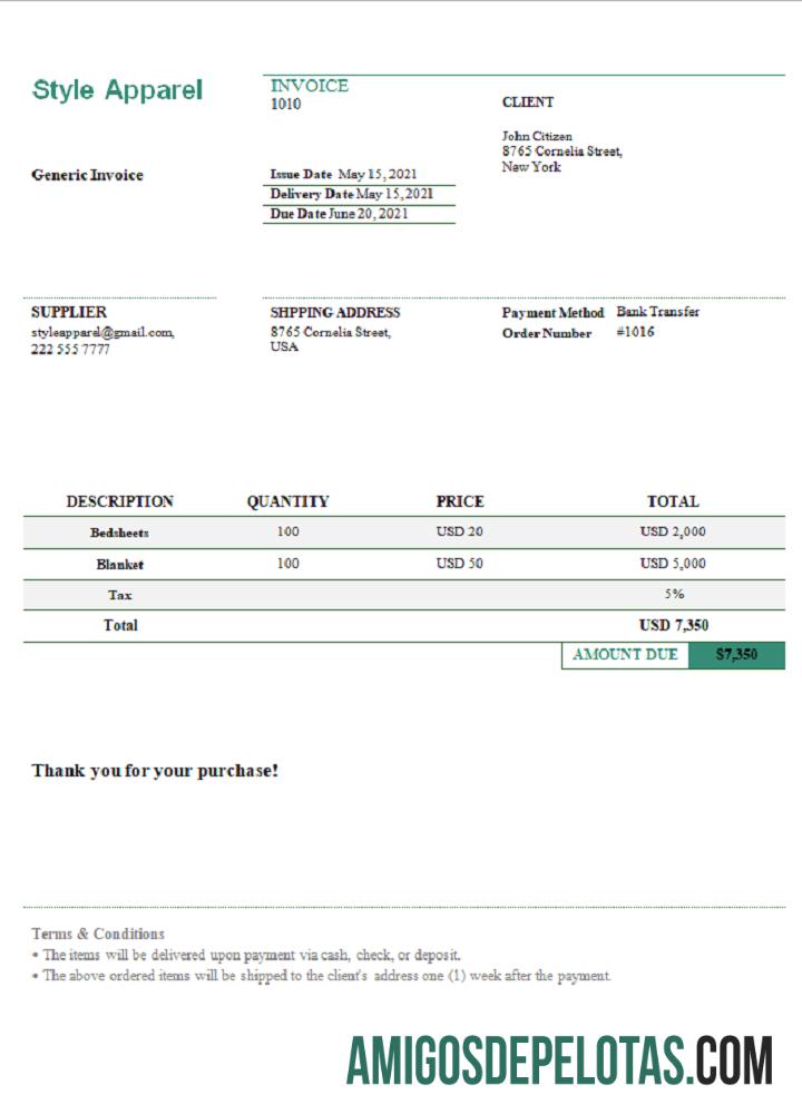 Fatura de vestuário estilo EUA exemplo real